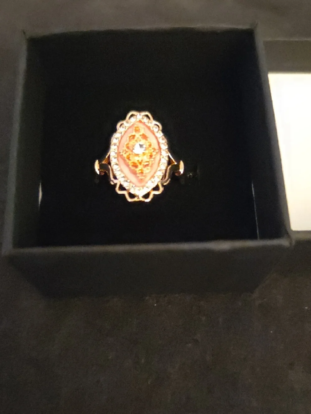 Delicate Gold-Tone Filigree Pink Resin Ring with Crystal Accents